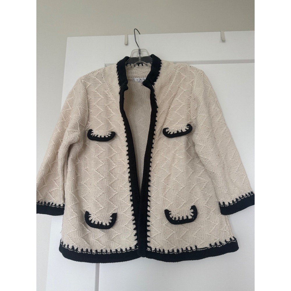 Cabi XL Cream Black Contrast Whipstitch Cotton Diamond Knit Open Cardigan